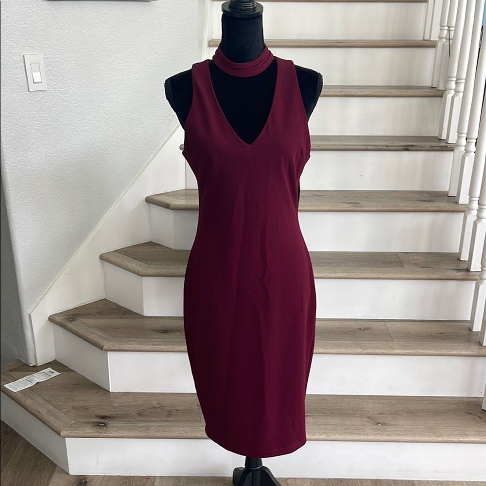 Premier Amour Red Sleeveless Halter Bodycon Midi Dress